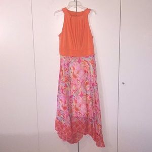 Sandra Darren Orange Block Pleat Maxi Dres